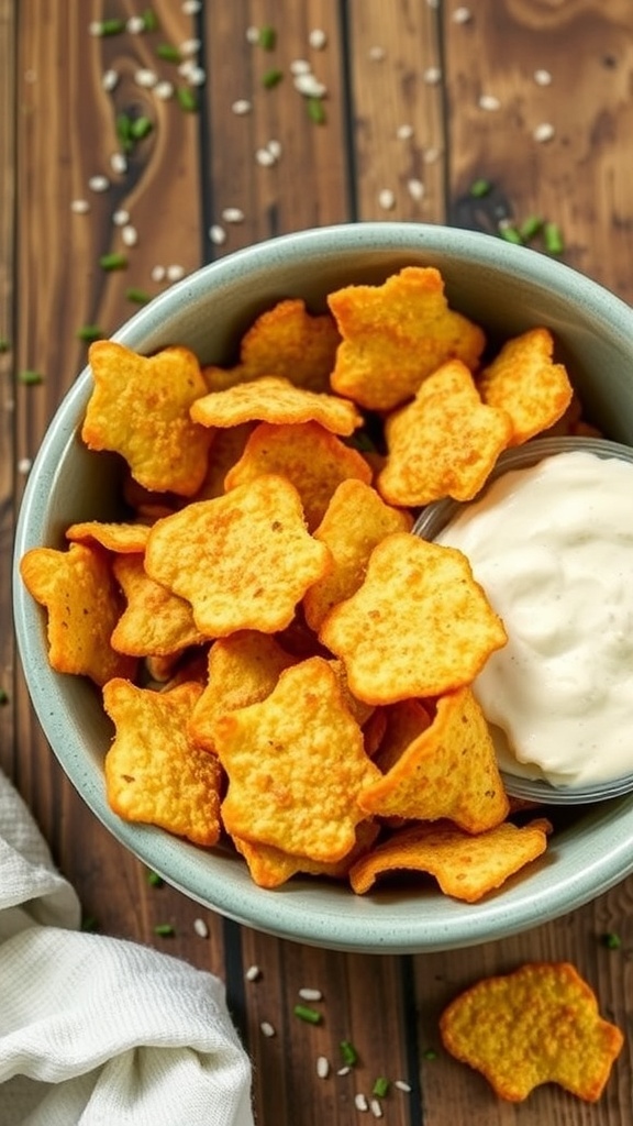 A bowl of golden quinoa chips with a creamy dip on a rustic wooden table.